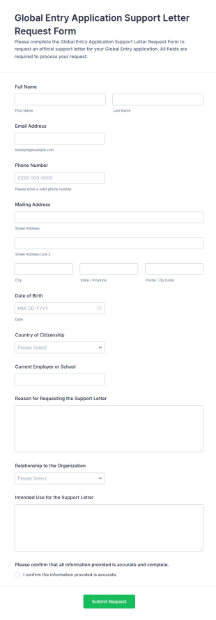 Global Entry Application Support Letter Request Form Template