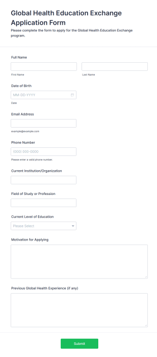 Global Health Education Exchange Application Form Form Template