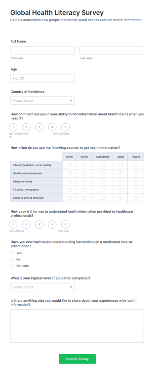 Global Health Literacy Survey Form Template