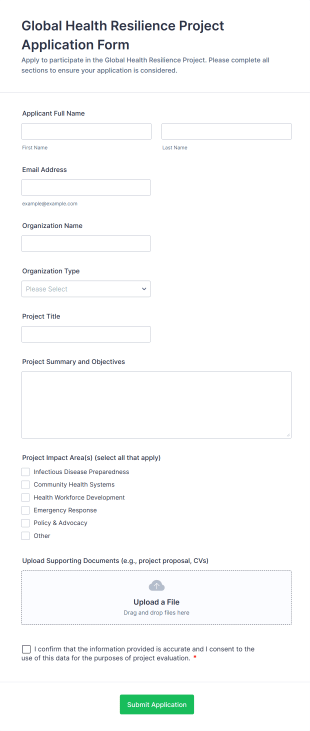 Global Health Resilience Project Application Form Form Template