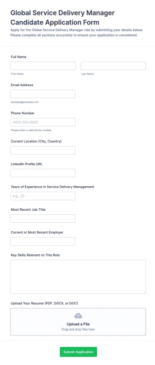 Global Service Delivery Manager Candidate Application Form Template
