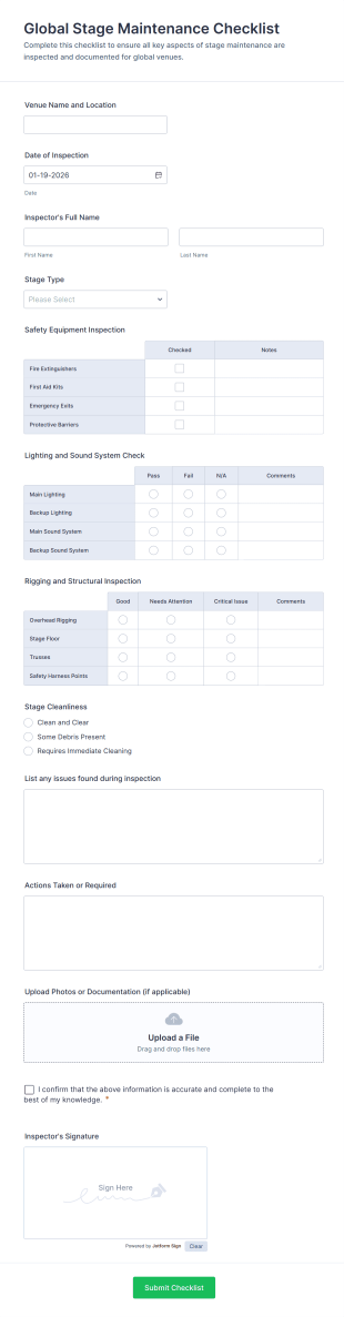 Global Stage Maintenance Checklist Form Template