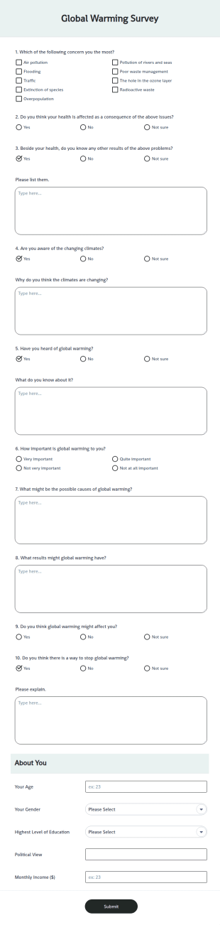 Global Warming Survey Form Template