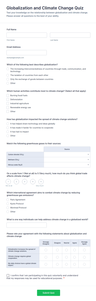 Globalization And Climate Change Quiz Form Template