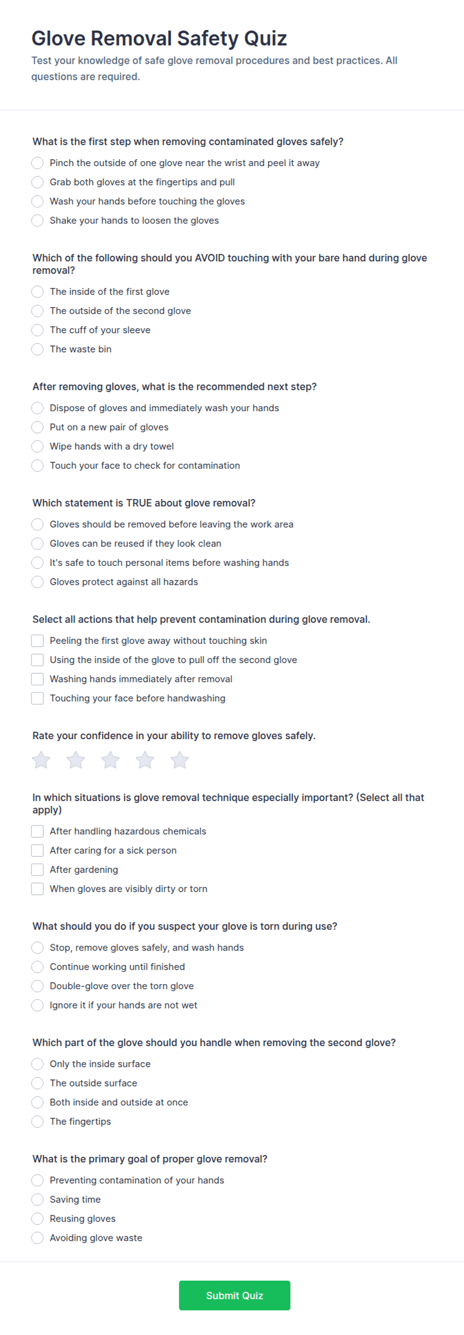 Glove Removal Safety Quiz Form Template | Jotform