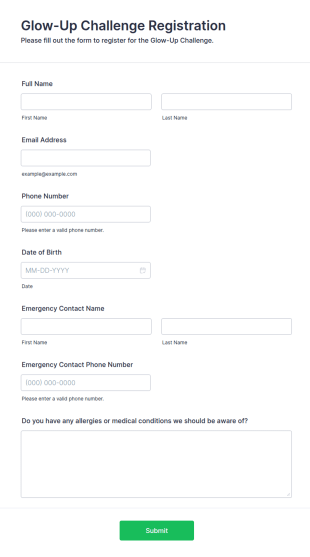 Glow Up Challenge Registration Form Template