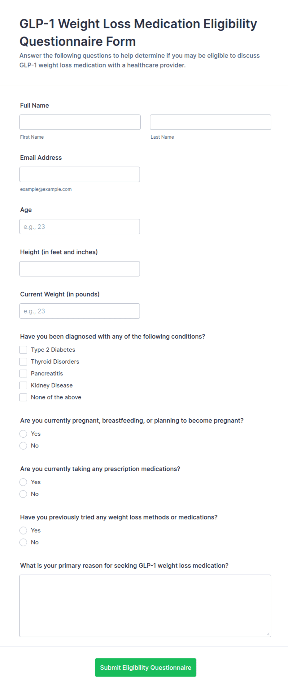 GLP-1 Weight Loss Medication Eligibility Questionnaire Form Template ...