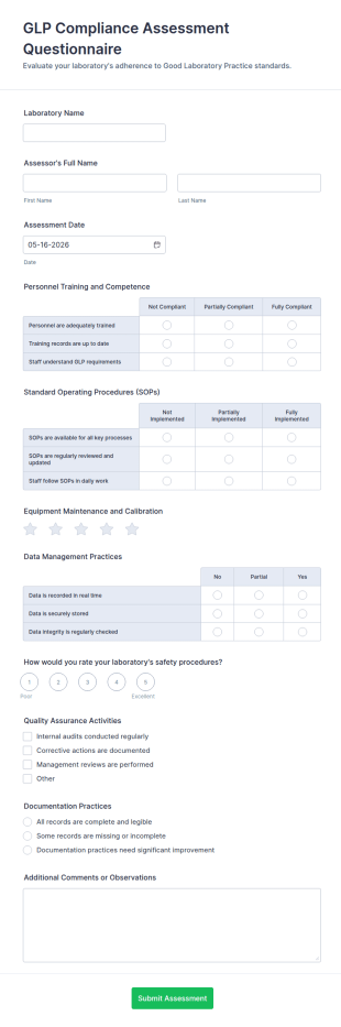 GLP Compliance Assessment Questionnaire Form Template