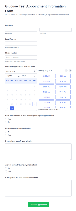 Glucose Test Appointment Information Form Template