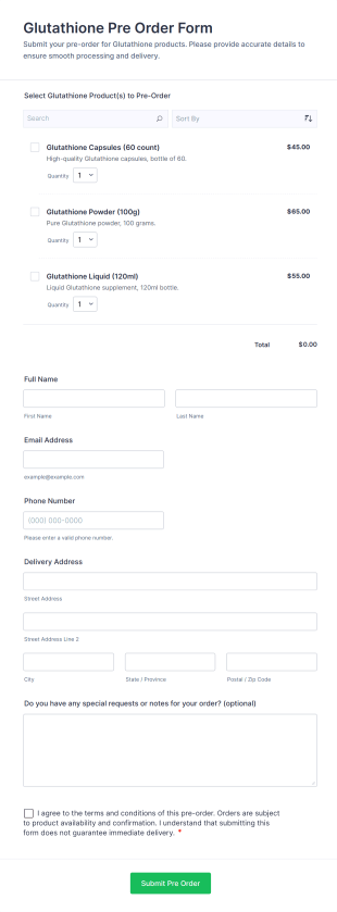 Glutathione Pre Order Form Template