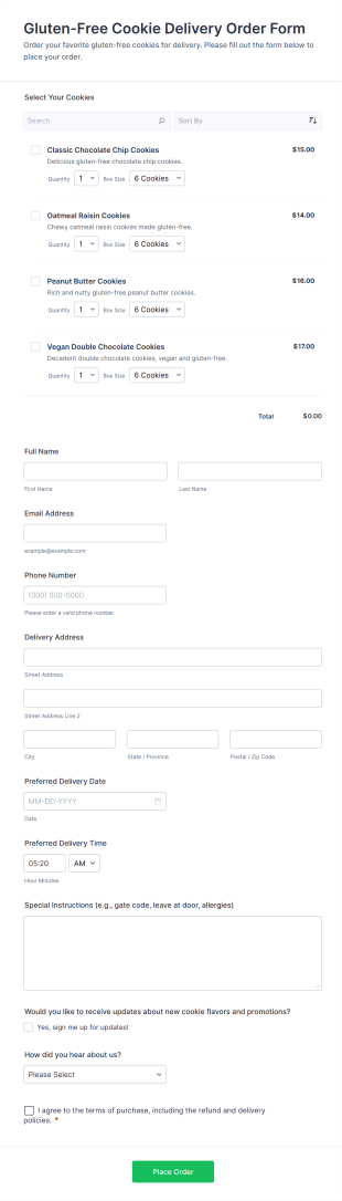 Gluten Free Cookie Delivery Order Form Template