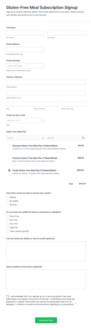Gluten Free Meal Subscription Signup Form Template
