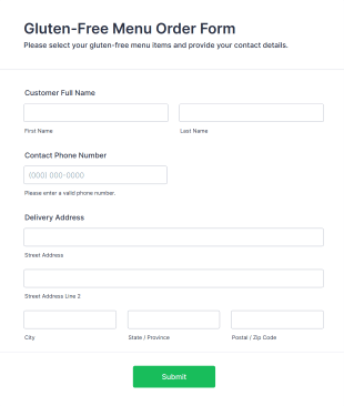 Gluten Free Menu Order Form Template