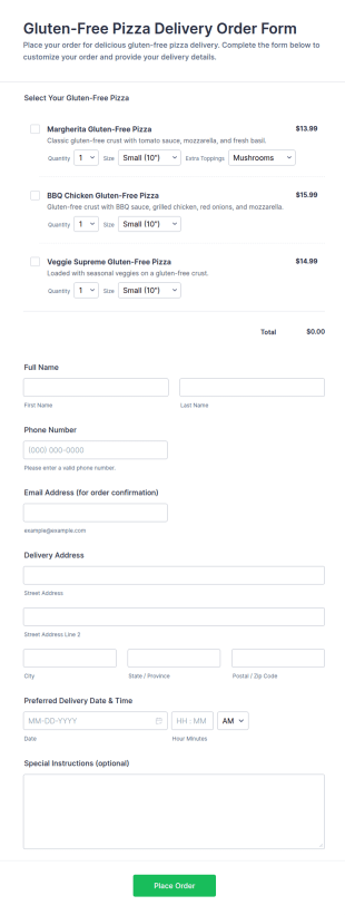 Gluten Free Pizza Delivery Order Form Template