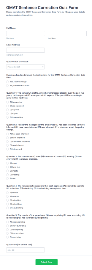 GMAT Sentence Correction Quiz Form Template