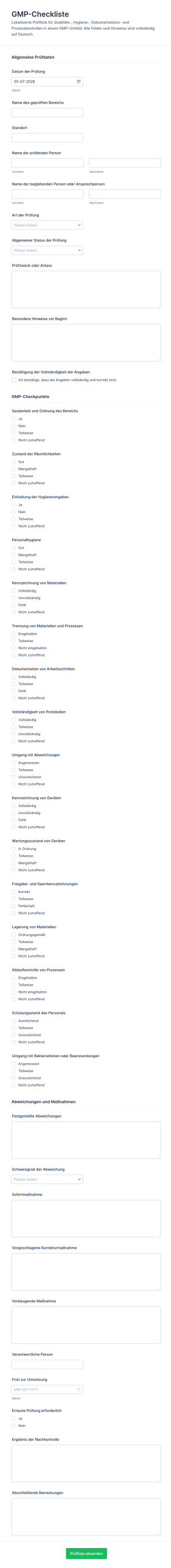 GMP Audit Checkliste Fragebogen