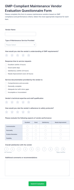 GMP Compliant Maintenance Vendor Evaluation Form Template