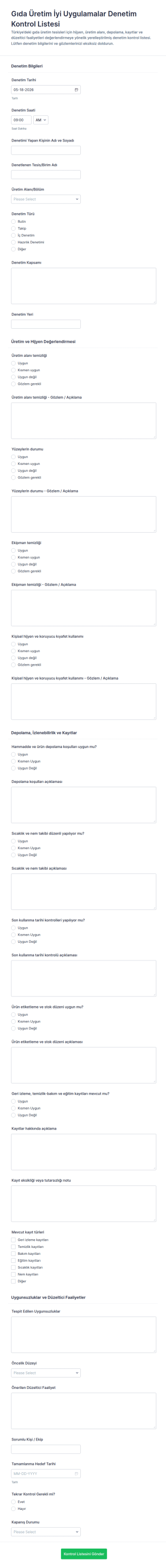 GMP Denetim Kontrol Listesi Form Şablonu