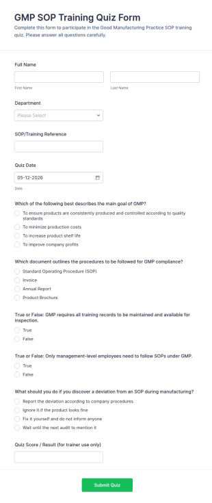 GMP SOP Training Quiz Form Template