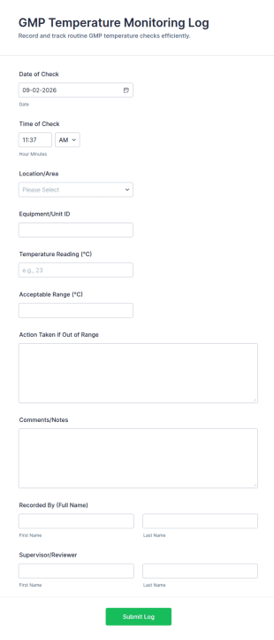 GMP Temperature Monitoring Log Form Template