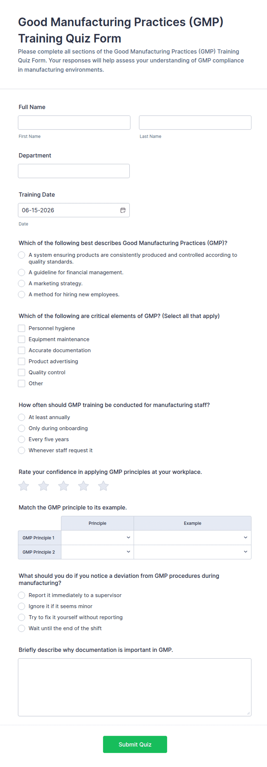 Example Gmp Assessment Question GMP Training Quiz Form Template | Jotform
