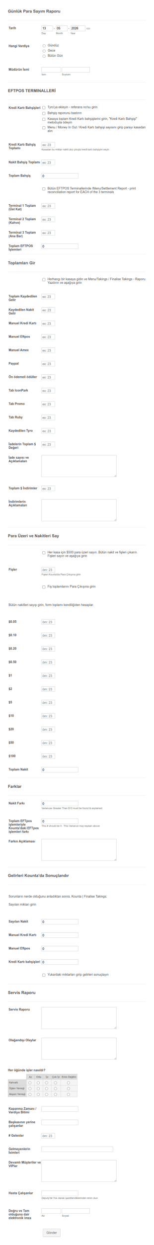 Günlük Para Sayım Raporu Form Şablonu