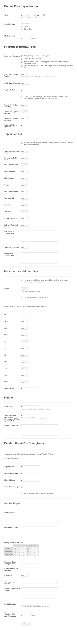 Günlük Para Sayım Raporu Form Şablonu