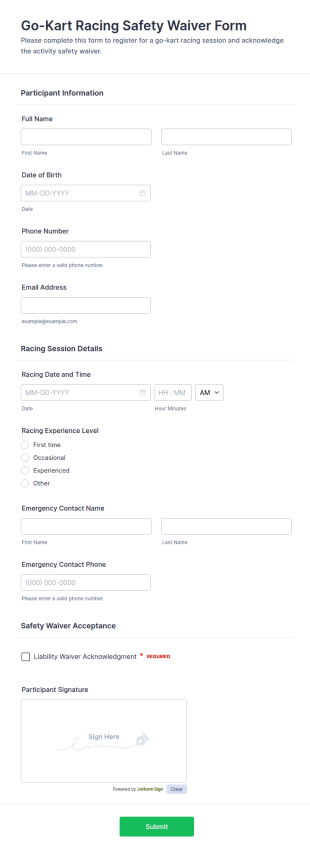 Go Kart Racing Safety Waiver Form Template