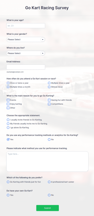 Go Kart Racing Survey Form Template