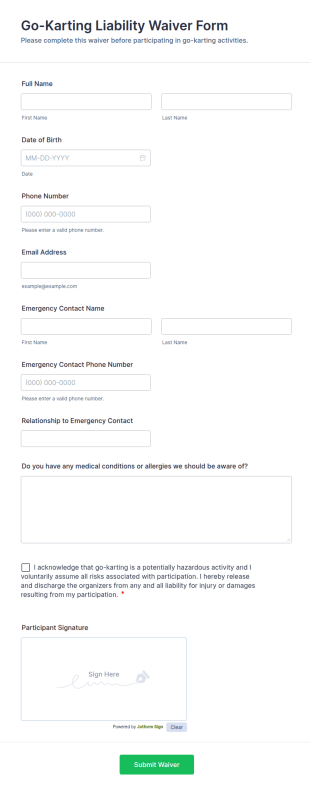Go Karting Liability Waiver Form Template