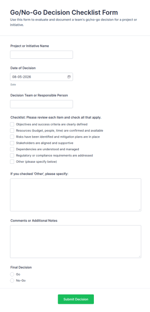 Go/No Go Decision Checklist Form Template