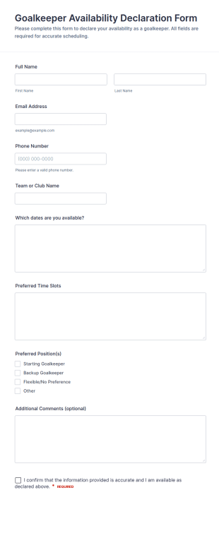 Goalkeeper Availability Declaration Form Template