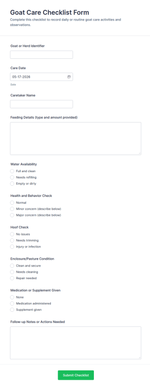 Goat Care Checklist Form Template
