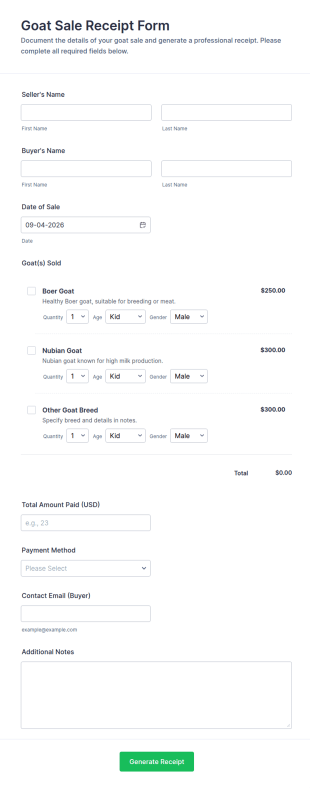 Goat Sale Receipt Form Template