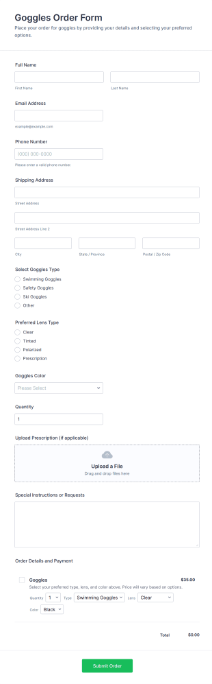 Goggles Order Form Template
