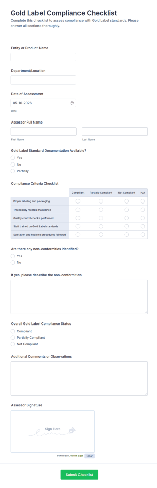 Gold Label Compliance Checklist Form Template