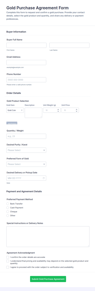 Gold Purchase Agreement Form Template
