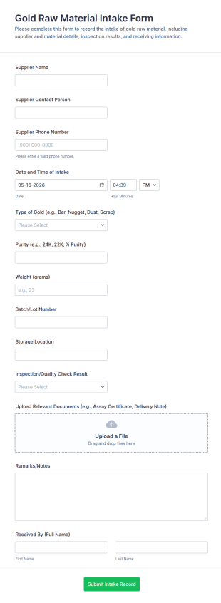 Gold Raw Material Intake Form Template
