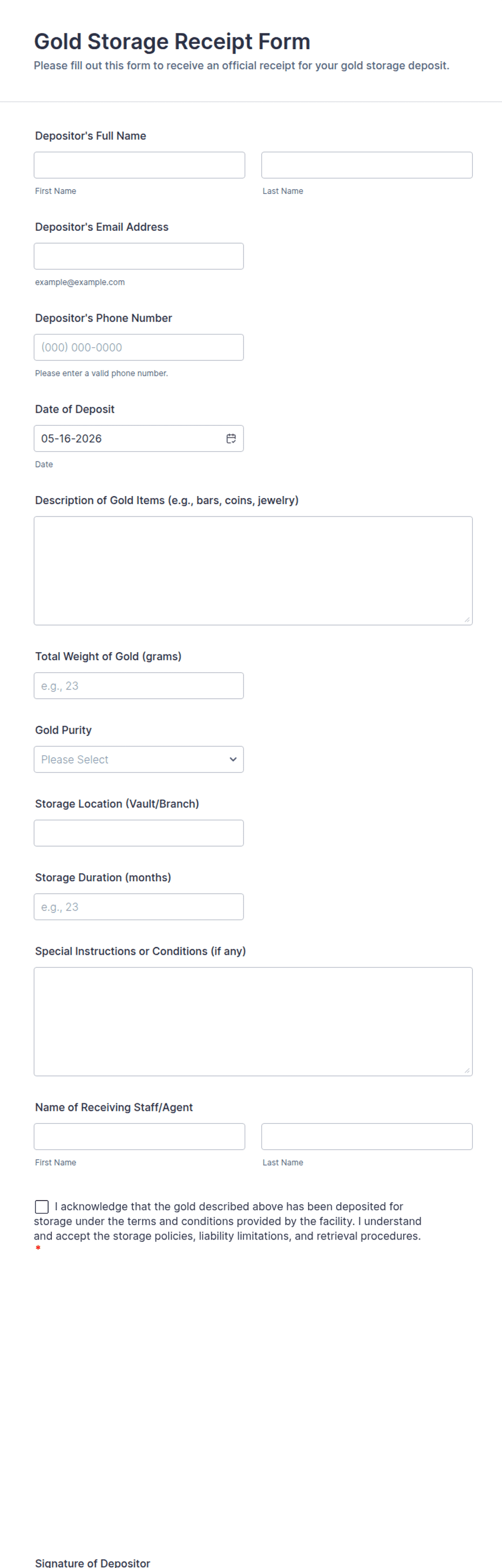 Gold Storage Receipt Form Template | Jotform