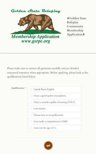 Golden State Roleplay Community Application Form Template
