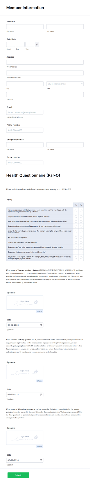 Gold's Gym DC Metro Par Q Form Template