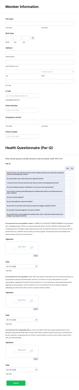 Gold's Gym DC Metro Par Q Form Template