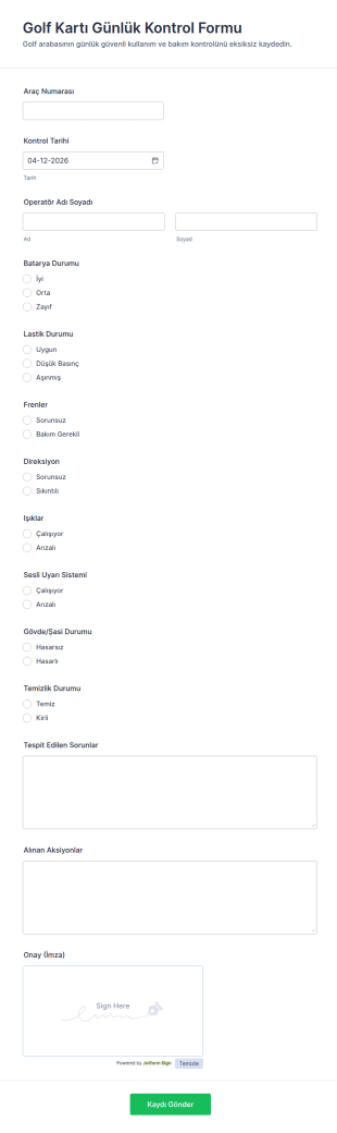 Golf Arabası Günlük Denetim Formu 🚗📝 Form Şablonu