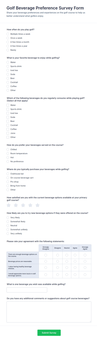 Golf Beverage Preference Survey Form Template