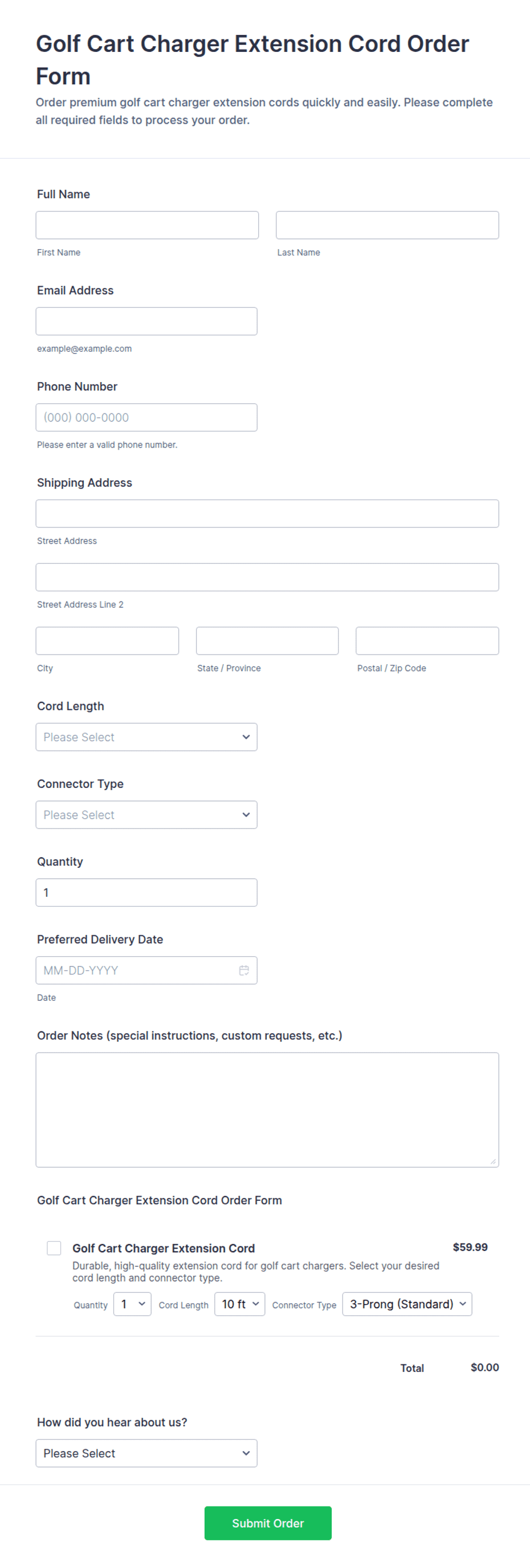 Golf Cart Charger Extension Cord Order Form Template | Jotform