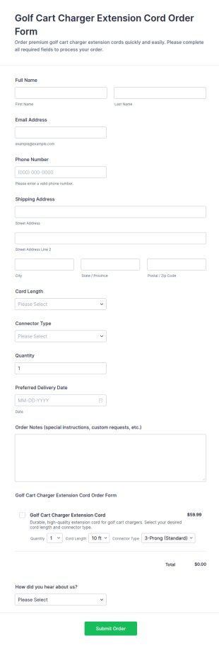 Golf Cart Charger Extension Cord Order Form Template
