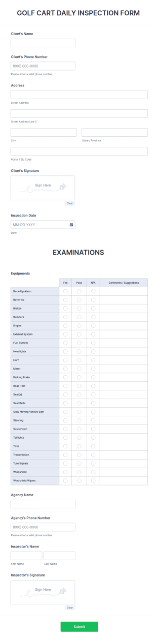 Golf Cart Daily Inspection Form Template