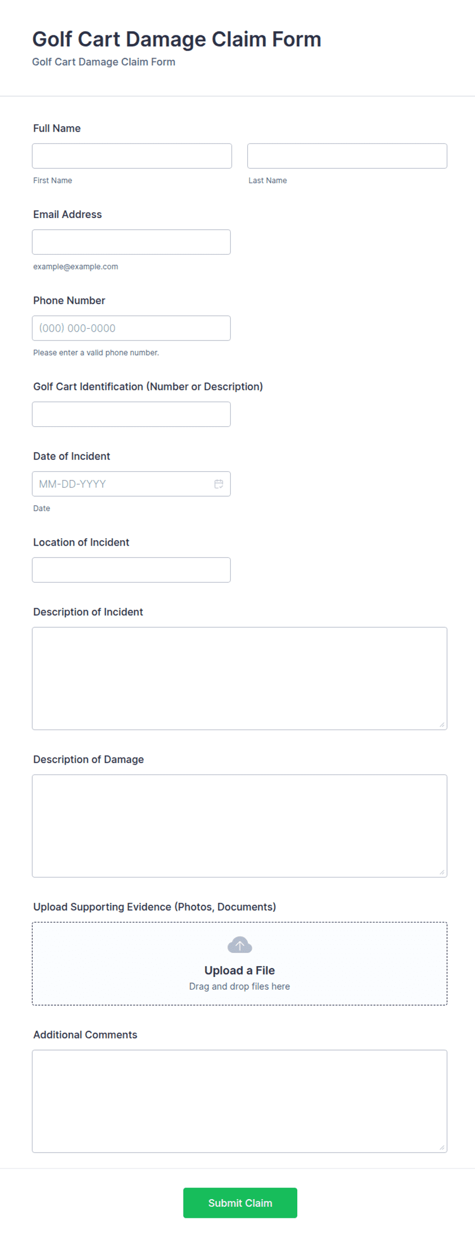 Golf Cart Damage Claim Form Template | Jotform