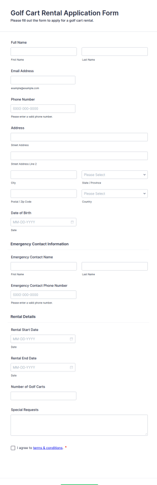 Golf Cart Rental Application Form Template