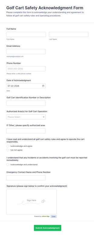 Golf Cart Safety Acknowledgment Form Template